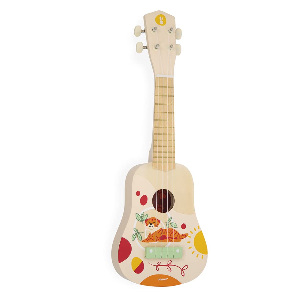Janod Sunshine Wooden Ukulele - Children's Musical Instrument - Water-Based Paint - One Size - Warm Colors - Model J07636