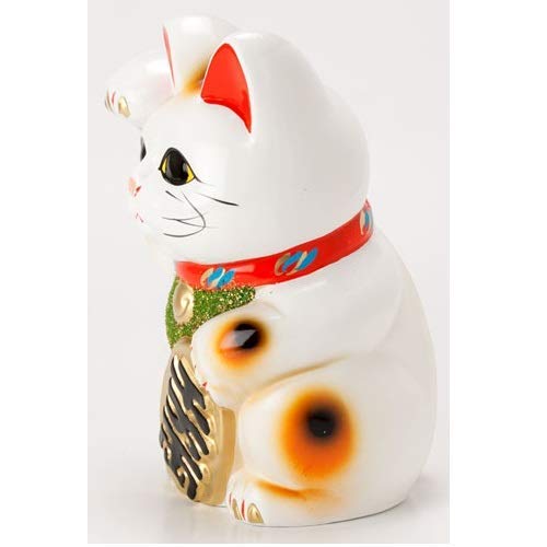 Tokoname Ware Lucky Cat 7.5'' Porcelain Maneki Neko - Right Hand, White, Model 14-03