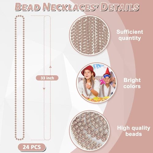 24PCS Mardi Gras Beads, Metallic Rose Gold Christmas Bead Necklace Party Favors, 33 Mardi Gras Necklace Women Men Stuff, Festiva