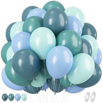 Dusty Blue And Green Balloons, 60Pcs Aqua Blue Pastel Green Latex Balloon, 12 Inch Blue Green Balloon Set For Boho Baby Bridal Shower Wedding Jungle Safari Woodland Neutral Birthday Party Decorations