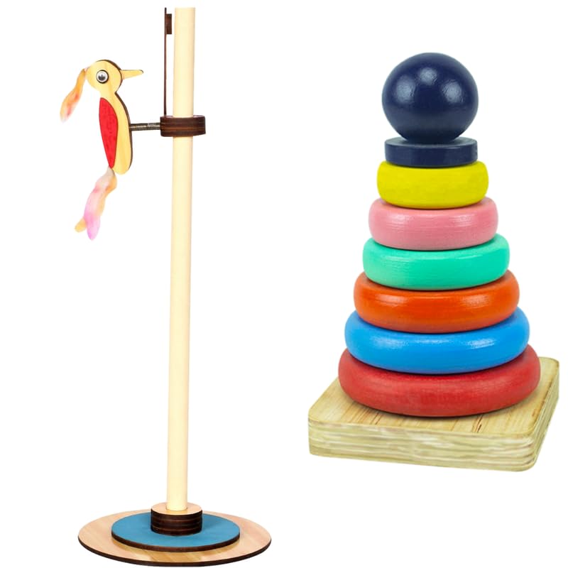 Technybirds Wooden Pecking Woodpecker And Wooden Rainbow Stacker Combo | Educational Toys For Kids | Montessori Learning | Imagi