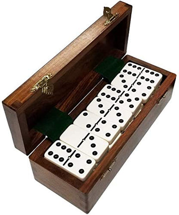 Marion Domino Double Six White Jumbo Tournament Professional Size With Spinners In Dovetail Sheesham Wood Box.