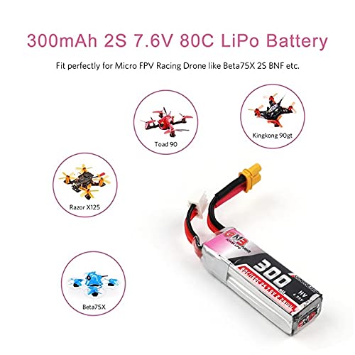 GAONENG 2Packs GNB 2S 300mAh LiPo 7.6v LiHV XT30 80C for 3'' 90-130mm Toothpick FPV Drone