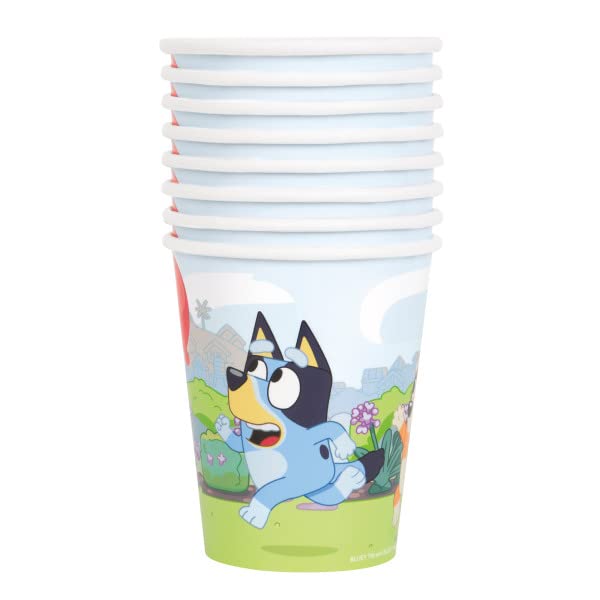 Unique Bluey Birthday Party Supplies Bundle Pack includes 16 Party Paper Cups and 1 Dinosaur Sticker Sheet