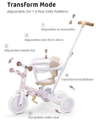 newyoo Lume TR008 Tricycle for Toddlers 1-3, 5-in-1 Push Bike, Carbon Steel, Lilac, Medium Size