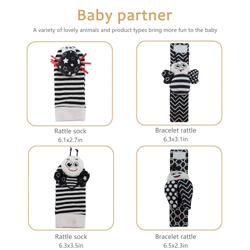 Wrist Rattle Foot Finder Sock for 0-36 Months Baby Boys and Girls, Newborn Baby Soft Hand & Feet Rattle 0-3 Years, Black and Whi