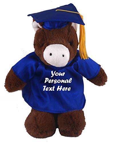 Plushland Plush Stuffed Animal Toys 12 Inches Present Gifts for Graduation Day  Personalized Text  Name or Your School Logo on Gown  Best for Any Grad School Kids (Graduation Horse Blue Gown)