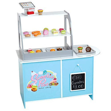Wooden Bakery Playset Pretend Stand for Kids - 25 Piece Bake Shop Counter w Food, Chalkboard, Cash Register, Trays - Durable Con