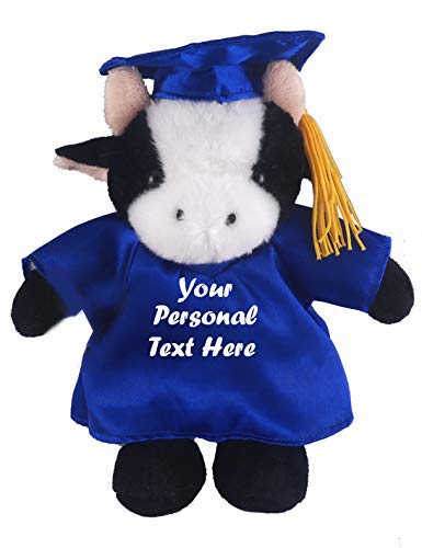 Plushland Plush Stuffed Animal Toys 8 Inches Present Gifts for Graduation Day  Personalized Text  Name or Your School Logo on Gown  Best for Any Grad School Kids (Graduation Cow Blue Gown)