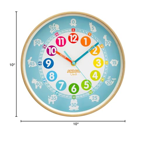Animal Preschool Clock - Time Teacher 10 Inch Educational Silent Wall Clock With Wood Look Frame - Easy To Read Dial For Teacher