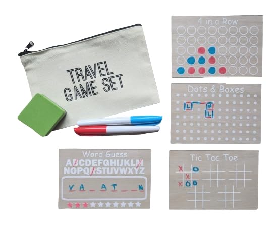 Travel Game Set For Kids - Reusable Dry Erase Games - Activity Bag - 4 Pack With Markers And Bag