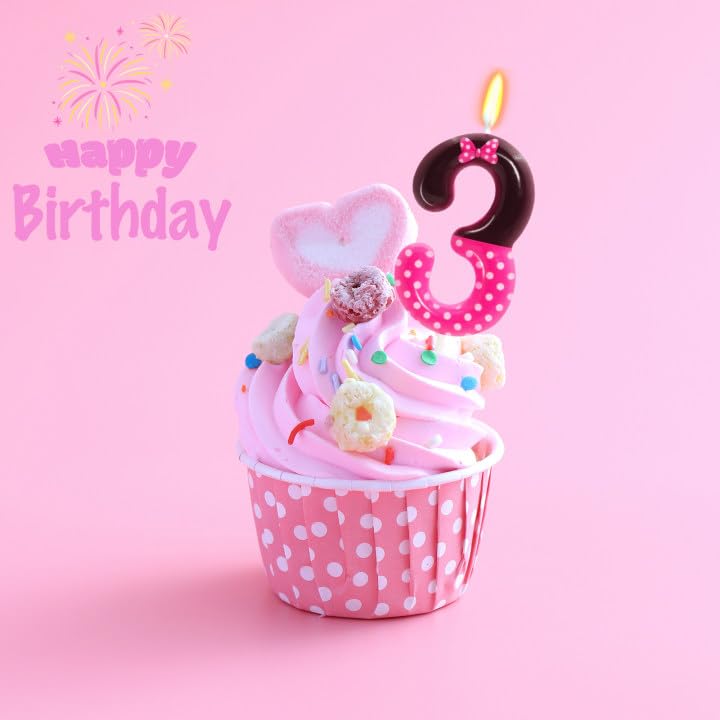 OGnomiFX Pink Black Birthday Candles for Girls, Number 3 Wax Cake Topper, Cartoon Themed Party Decor