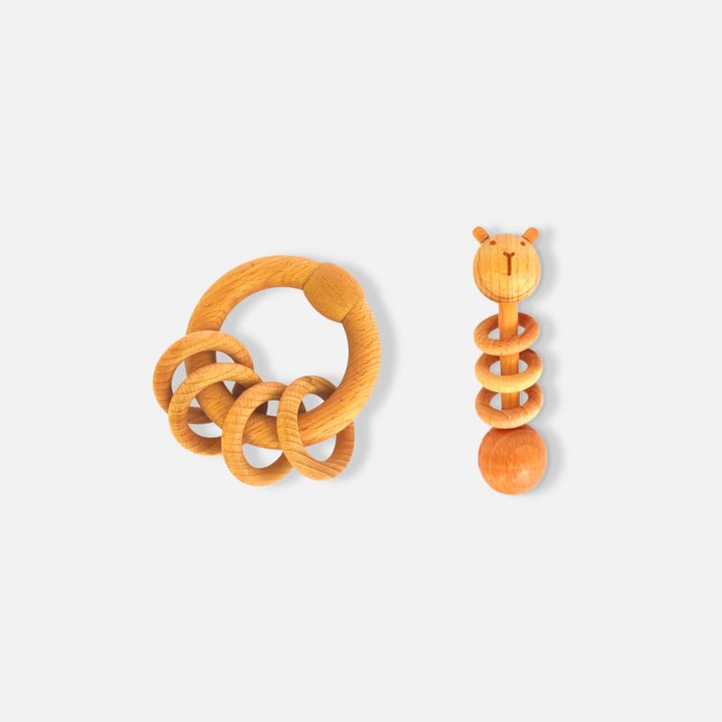 Erenjoy Organic Playtime Duo: Bear Dumbbell And Ring Wooden Rattles | Montessori Developmental Toys For Toddlers