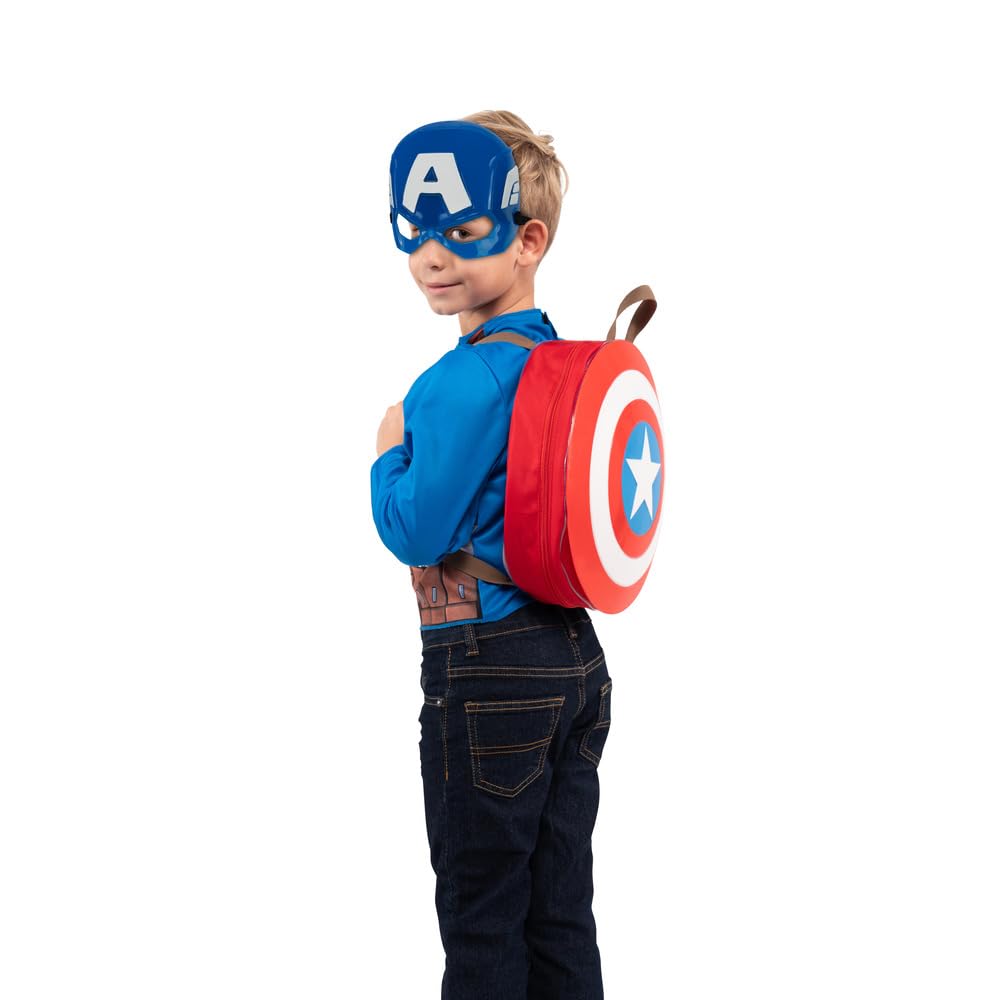 Marvel Captain America Superpower Pak - Backpack with 12-inch Removable Plastic Shield  tossing Discs  Long Sleeve Costume Top  and Plastic Mask Multi - Youth Medium