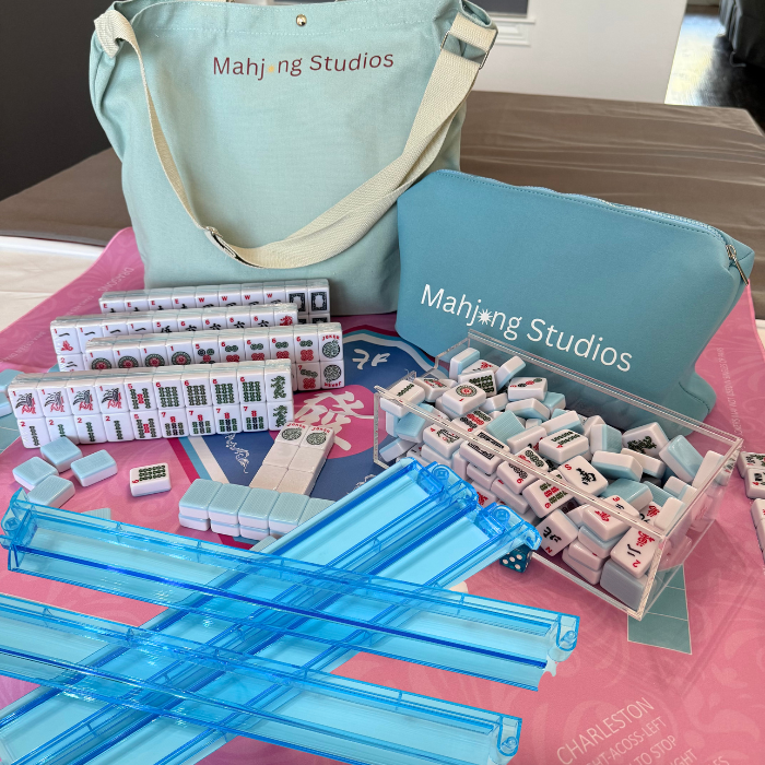 American Mahjong Set 166 Tiles Bundle - Green Bag Pink Mat 2-color blue tiles
