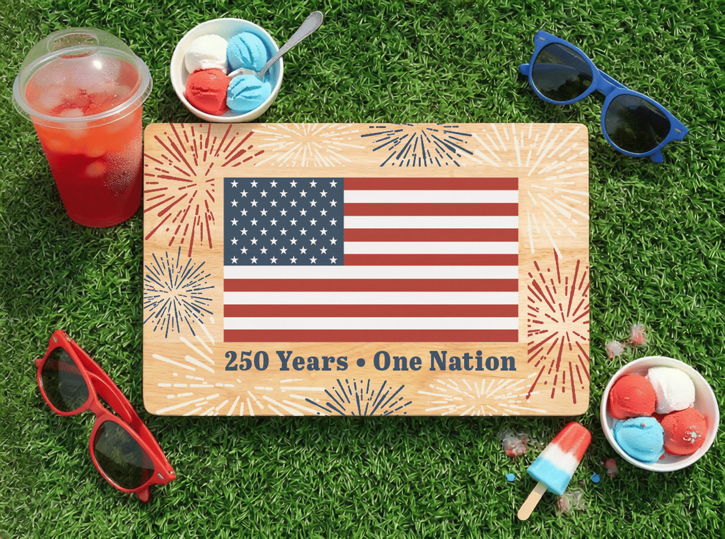4th of July Solid Maple Wood Serving Board Platter - 11" x 16" | Made in the USA 🇺🇸