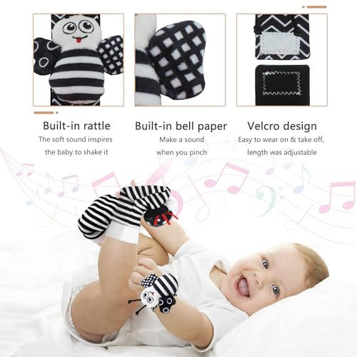 Wrist Rattle Foot Finder Sock for 0-36 Months Baby Boys and Girls, Newborn Baby Soft Hand & Feet Rattle 0-3 Years, Black and Whi