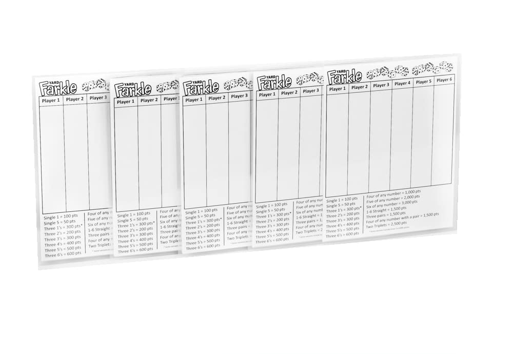 Yard Farkle Score Cards With Rules On The Back- Laminated Farkle Score Card, Reusable Score Card, Size- 8.5'' X 11'' (Five Farkl