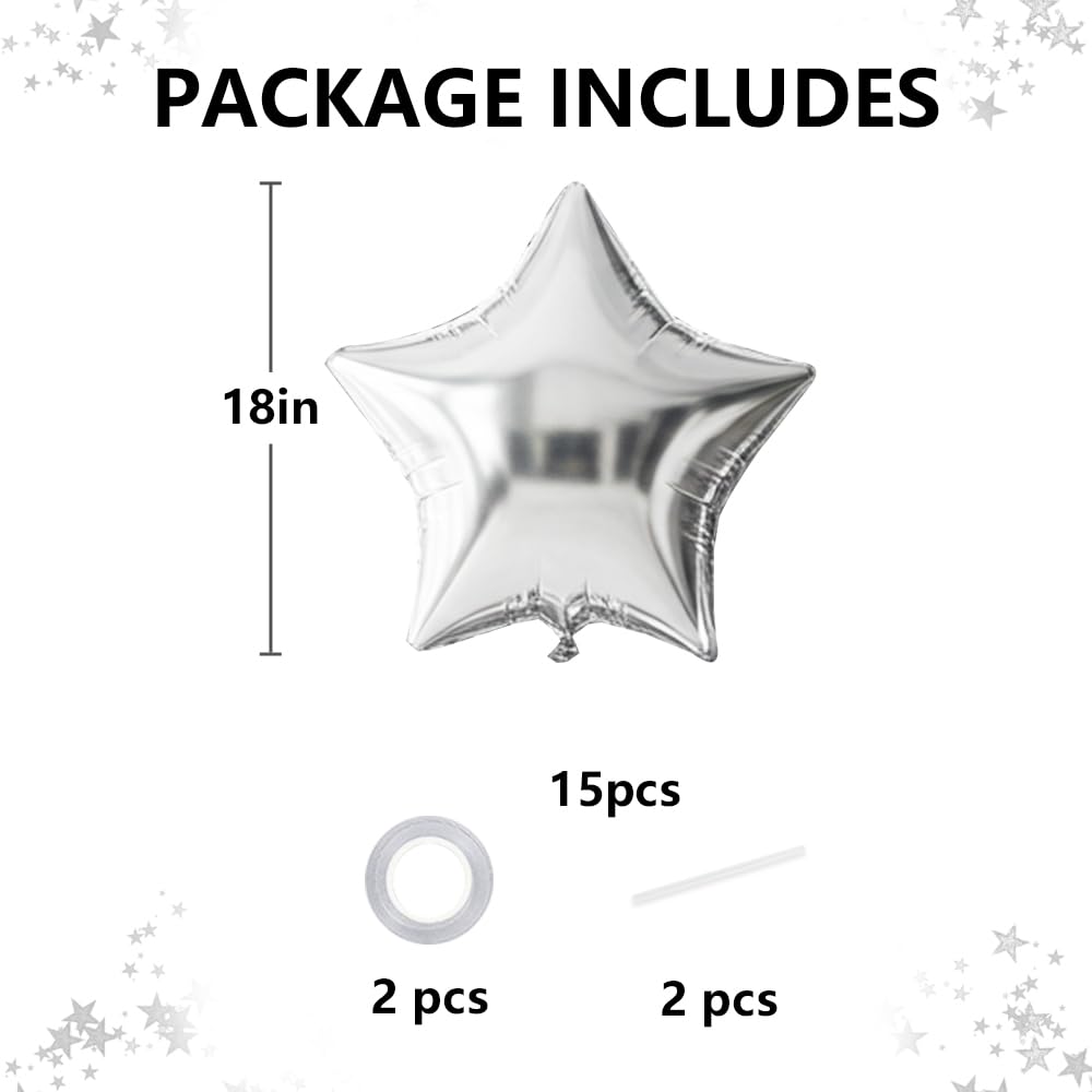 TONIFUL 15Pcs 18 Inch Large Silver Star Shape Foil Balloons Big Silver Stars Helium Mylar Ballons for Birthday Wedding Baby Show