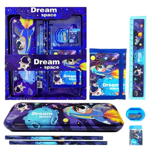 Fete Propz Space Stationary Kit For Boys  7 Pcs Blue Stationary Items For Boys Pencil Boxwalleteraser And Sharpener Return Gift