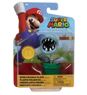 Super Mario Bone Piranha Plant 4 Inch Action Figure with Yellow Coin