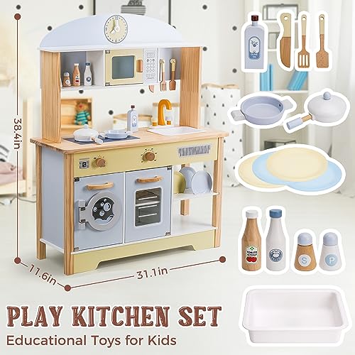 WoodenEdu Kitchen Playset for Kids Ages 3-8, Wooden Pretend Play Kitchen with Cooking Accessories, Dimensions: 38    H x 31    W