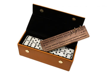Alex Cramer Spinner Domino Set - Caramel Leather Case, 28 Double Six Dominoes, Model 444, Travel-Friendly