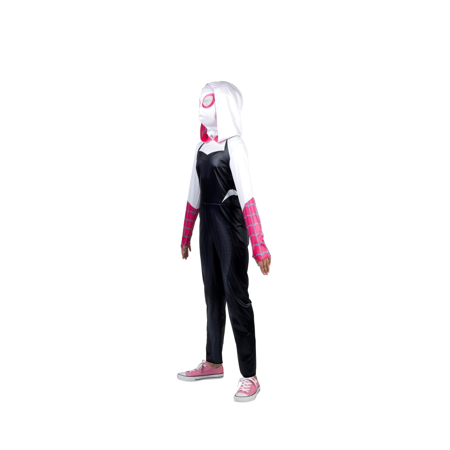 Marvel Spider-Gwen Official Youth Halloween Costume - Premium Quality Hooded Jumpsuit With Pull On Fabric Mask (Small)