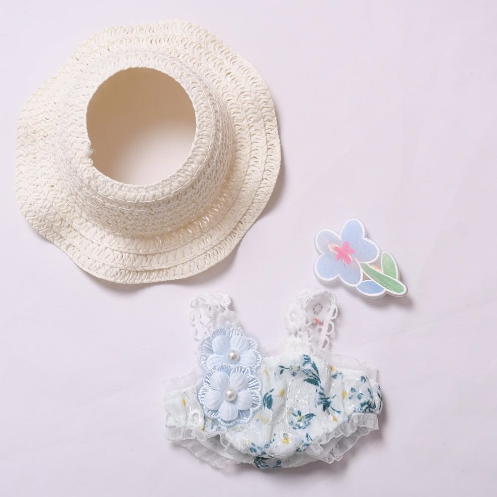 Designer Clothes for 17cm Dolls  enhanced Doll Swimsuit  Cute Doll Summer Outfits Accessories with Blue Floral One-Piece Swimsuit  Flower Hair Decor and Straw Hat
