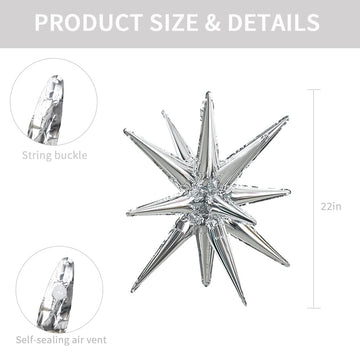 Toniful 4 Pcs 22Inch 4D Huge Silver Star Balloons Explosion Star Mylar Foil Balloons For Party Supplies Backdrop Christmas,New Y