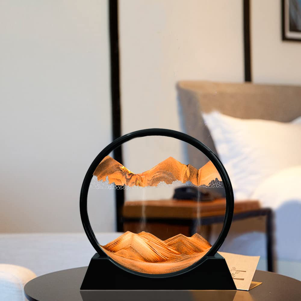Muyan Moving Sand Art Picture Sandscapes in Motion Round Glass 3D Deep Sea Sand Art for mature-themed Kid Large Desktop Art Toys (7 Inch  Orange)