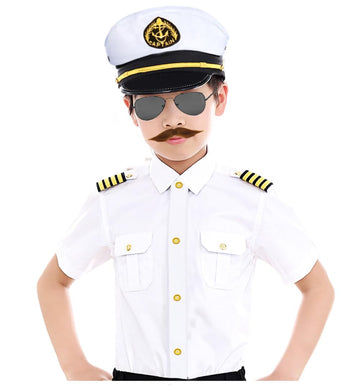 Kids Yacht Captain Sailor Costume For Boys Shirt Hat Accessories 6 Pcs Set Party Cosplay 9-10Years White