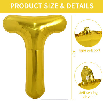 Toniful 40 Inch Large Gold Letter T Balloons Helium Balloons,Foil Mylar Big Balloons For Birthday Party Anniversary Supplies Dec