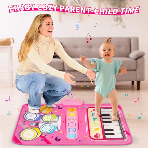 Amy & Benton Baby Piano Mat Pink Piano & Drum Mat 2 in 1, Toddler Musical Piano Mat Toy Birthday Gift for Girls Boys
