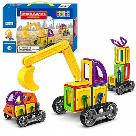 FuzzleBee [48 PCS] Magnetic Building Blocks Construction Vehicle Set | STEM Educational Magnetic Tiles Toy with Excavator for Ki