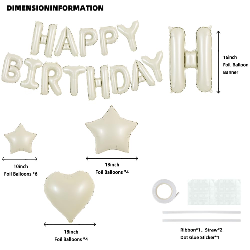 TONIFUL 31PCS Cream White Happy Birthday Decorations 16 Inch Happy Birthday Balloon Banner with Star Heart Balloons Mylar Foil B