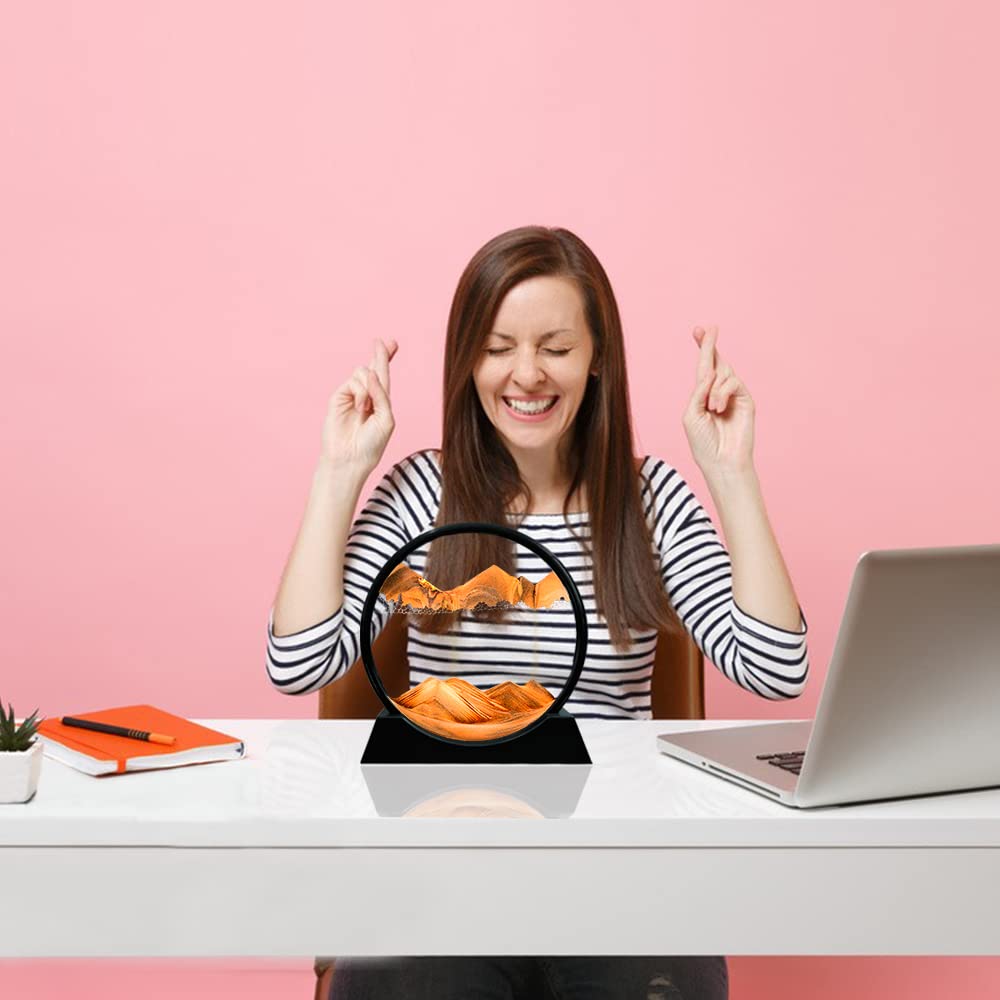 Muyan Moving Sand Art Picture Sandscapes in Motion Round Glass 3D Deep Sea Sand Art for mature-themed Kid Large Desktop Art Toys (7 Inch  Orange)