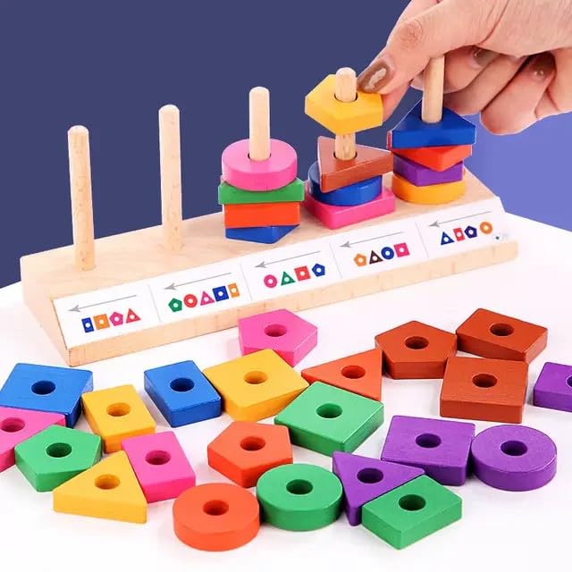 Wooden Shape Sorting Stacker Puzzle Toy with Matching Cards