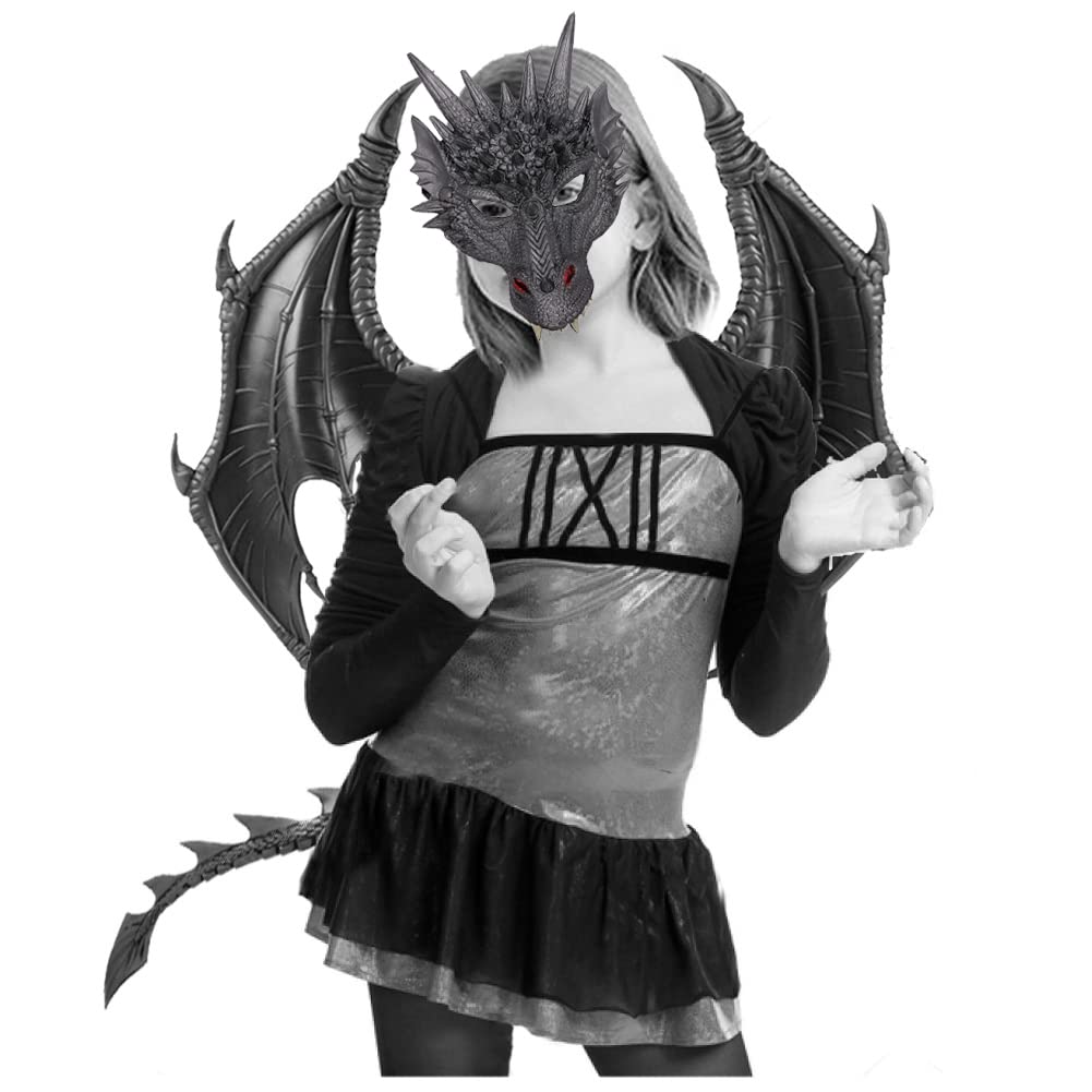 Alodidae Dragon Costumes Set Devil Wings Demon Tail Dino Mask For Halloween Masquerade Party Cosplay (Black)