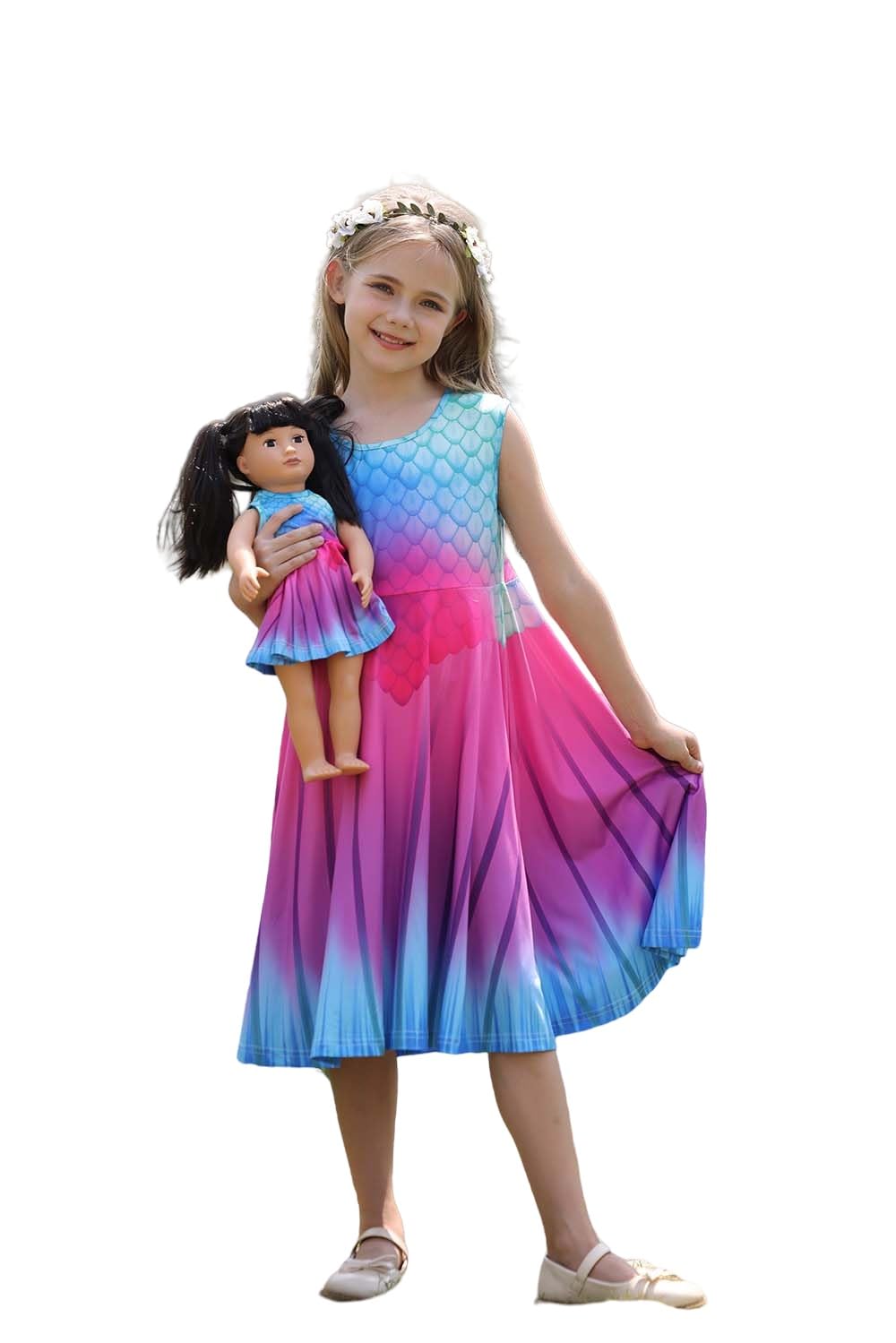 Bow Dream Girl Dress and Matching American Girl Doll Clothes Accessories Rainbow Mermaid Unicorn Size 120