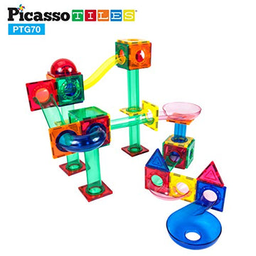 Picassotiles 70 Pcs Marble Run Maze Race Track Magnetic Tiles Magnet Building Block Educational Construction Toy Playset Stem Learning Kit Child Brain Development Hand Eye Coordination Training Ptg70