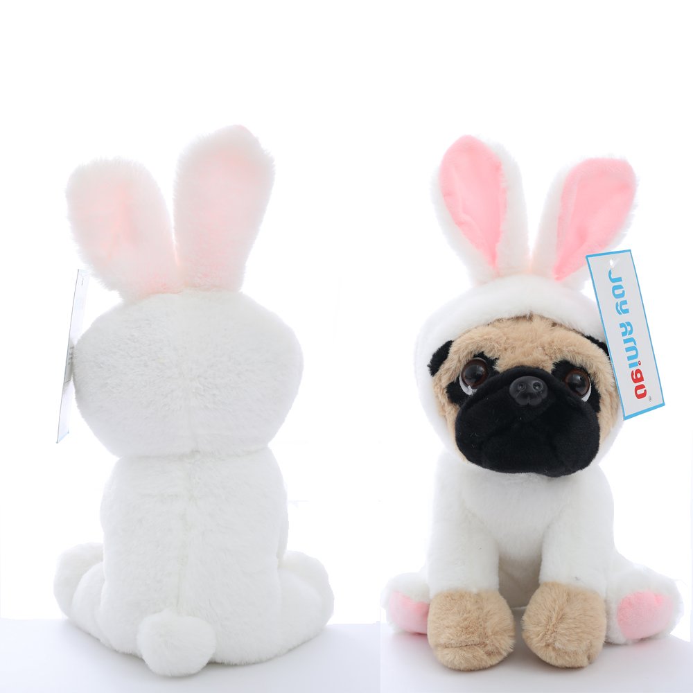 Joyamigo Pug Stuffed Animal Dog Puppy Soft Cuddly Animal Toy In Easter Bunny Costumes - Super Cute Quality Rabbit Dog Plush Children Easter Basket Stuffers Decoration