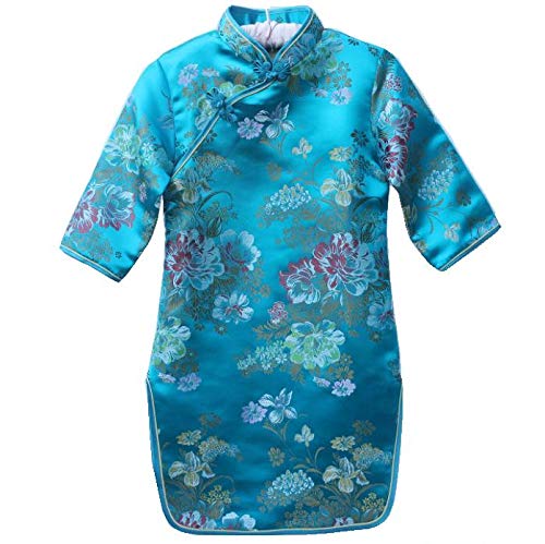 Hooyi Chinese Girls Dress Peony Rose Qipao Half Sleeve Cheongsam Wedding Dresses Princess Birthday Party Costume (Blue,16)