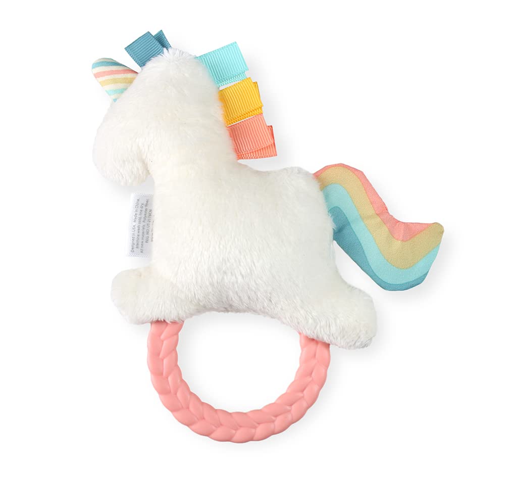 Itzy Ritzy - Ritzy Rattle Pal With Teether - Baby Teething Toy Features A Minky Plush Character, Gentle Rattle Sound & Soft Teether Toy For Newborn (Unicorn)