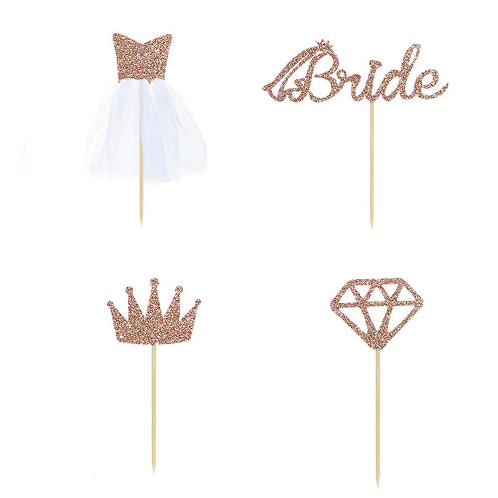 Flairs New York Bridal Wedding Decorations Banner Cake Toppers Party Props (Pack Of 4 Cup Cake Toppers, Bride Rose Gold Glitter)