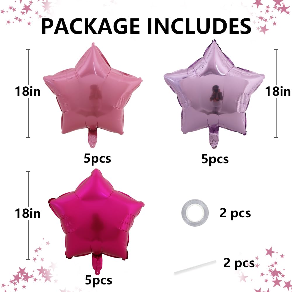 TONIFUL 15Pcs 18 Inch Large Pink Purple Star Shape Foil Balloons Big Stars Helium Mylar Ballons for Birthday Wedding Baby Shower