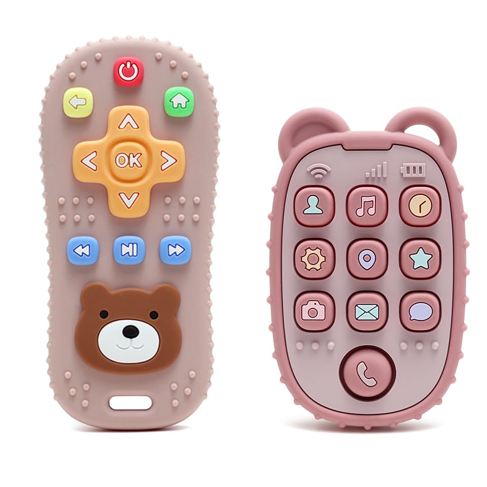 HippoBaby 2-Pack Silicone Teethers - Remote Control & Phone Teething Toys with Popper Buttons  BPA-Free  CPC Certified Baby Essentials for Infants & Toddlers (Remote/Phone - Light Pink/Deep Pink)