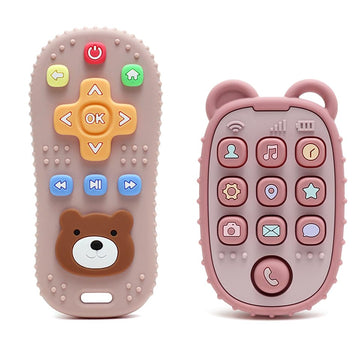 HippoBaby 2-Pack Silicone Teethers - Remote Control & Phone Teething Toys with Popper Buttons  BPA-Free  CPC Certified Baby Essentials for Infants & Toddlers (Remote/Phone - Light Pink/Deep Pink)