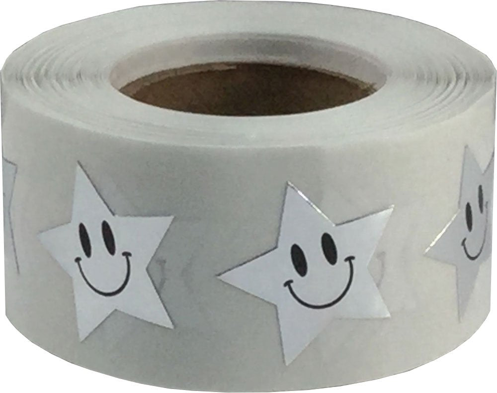 Metallic Silver Happy Face Star Shape Stickers 0.75 Inch 500 Adhesive Labels