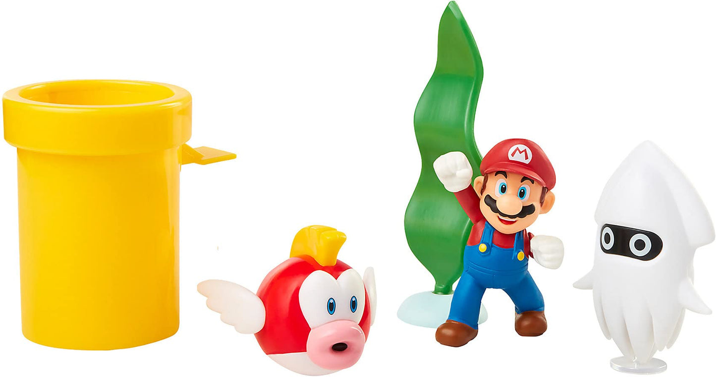 Nintendo Super Mario Underwater 2.5' Figure Diorama Play Set, Includes: Mario, Cheep-Cheep, Blooper, Mechanical Warp Pipe, Spinning Water Plant & Two Coins